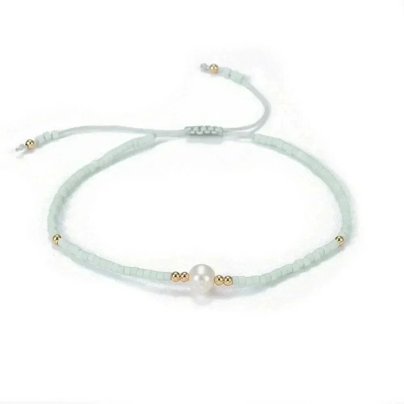 Hand Crafted Real Freshwater Pearl Pale Mint Green Japanese Glass Beads Bracelet - Picture 2 of 3